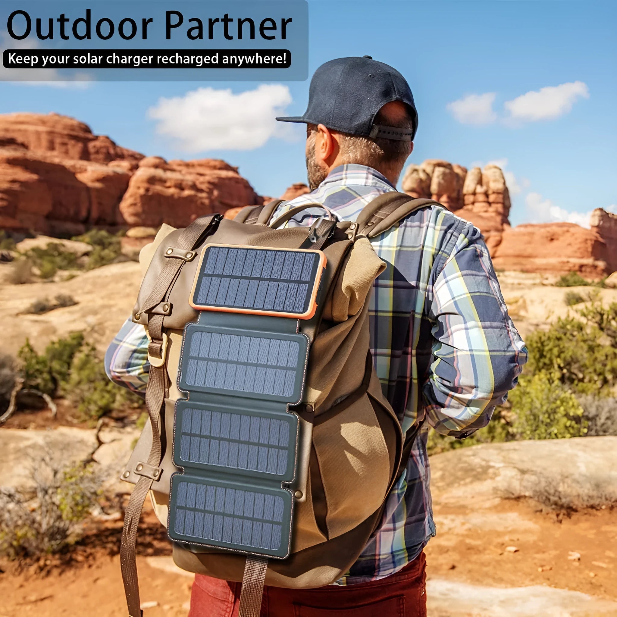 Outdoor solar power bank in multiple colours showing solar panel, USB ports, and LED light.