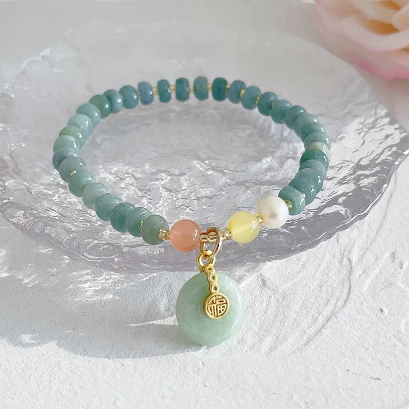 Natural blue water jade bracelet with gourd peace buckle charm in ethnic retro style
