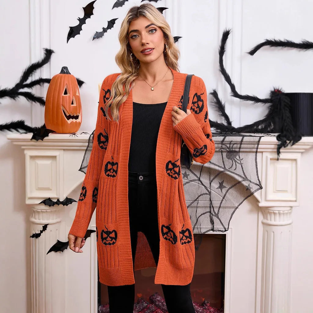 Women's black Halloween cardigan with orange pumpkin head jacquard knit pattern