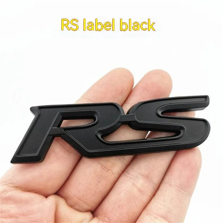 RS series zinc alloy metal car badge sticker showing raised lettering design