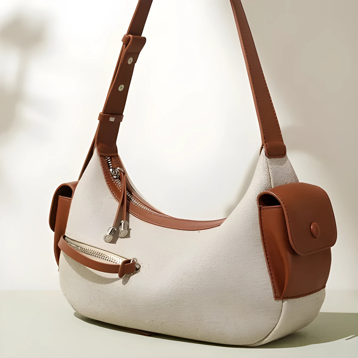 Women's genuine leather messenger bag in Linen Black with horizontal square shape and contrast stitching