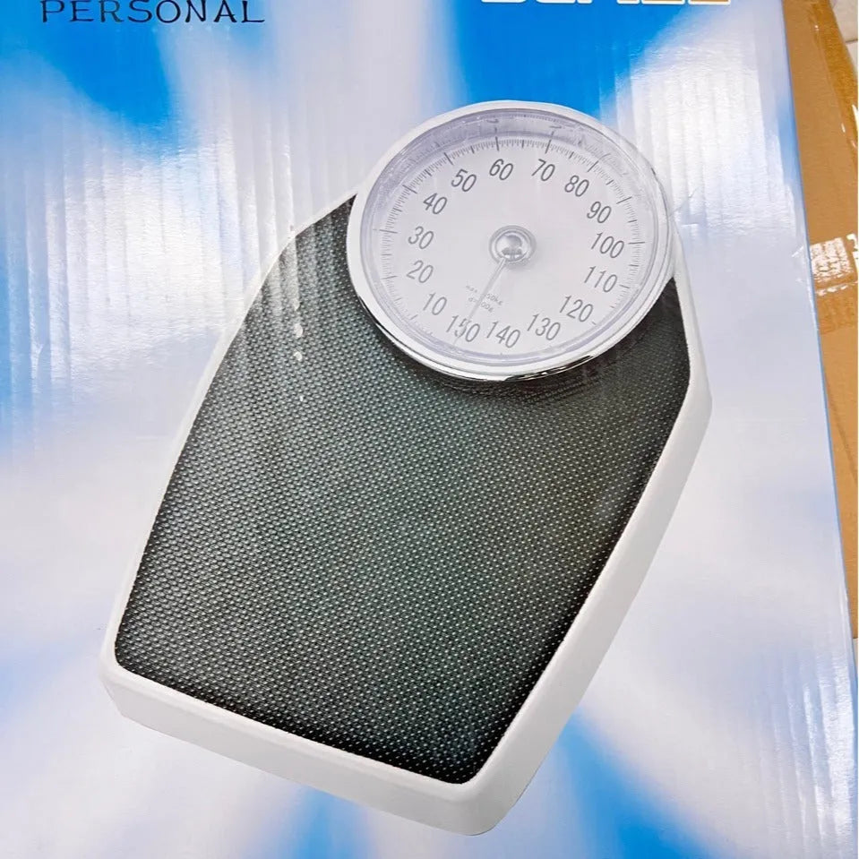Large black mechanical body weight scale with dial pointer and 47cm platform