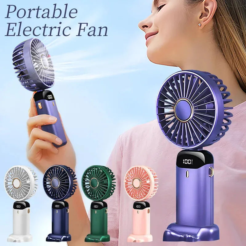Blue portable handheld electric fan showing foldable design, LED display, and included neck lanyard