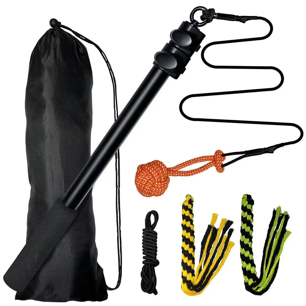 Black telescopic aluminium alloy dog teasing rod extended to 102cm with two bite ropes and one ball
