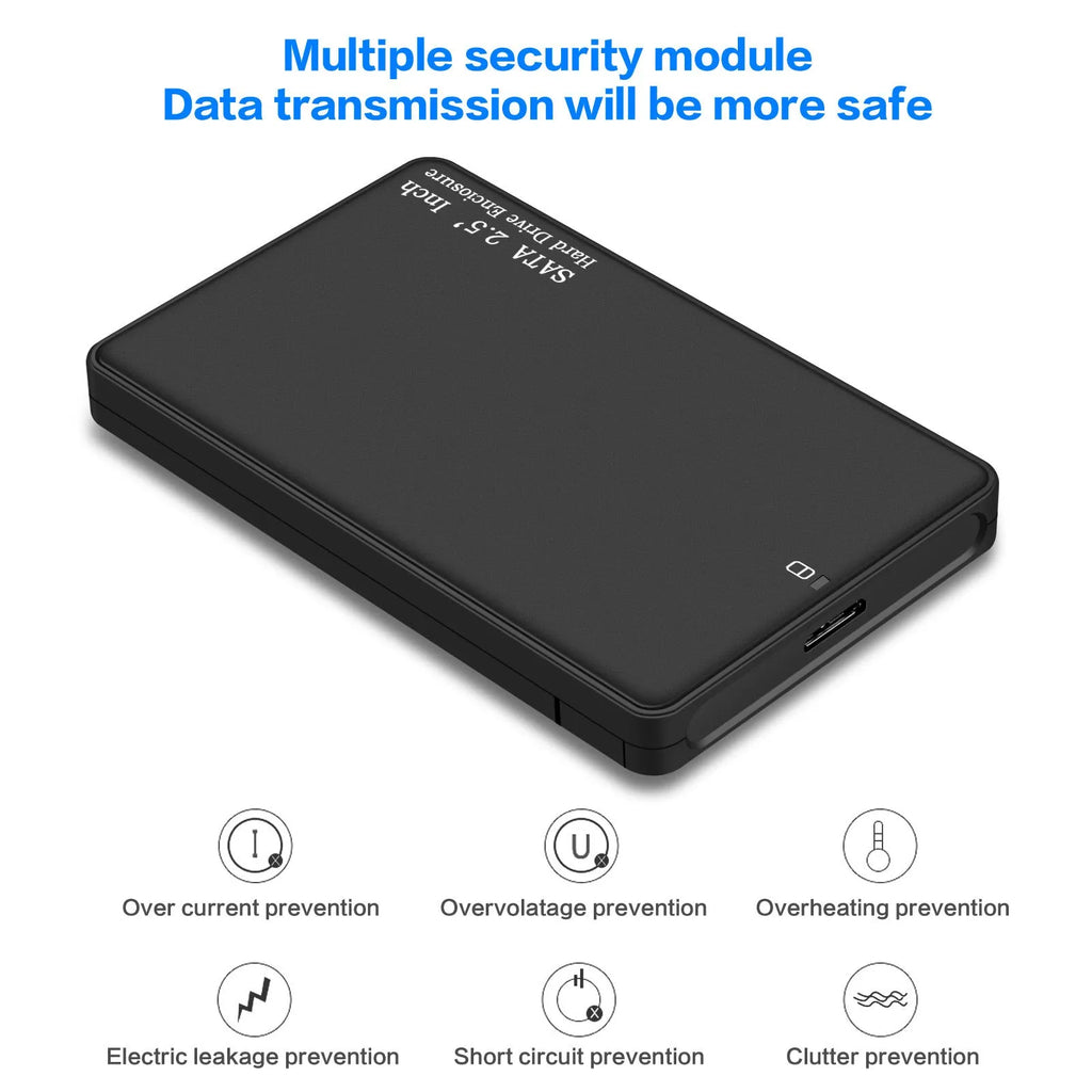 Black 2.5-inch external hard drive enclosure with USB 3.0 and SATA connector