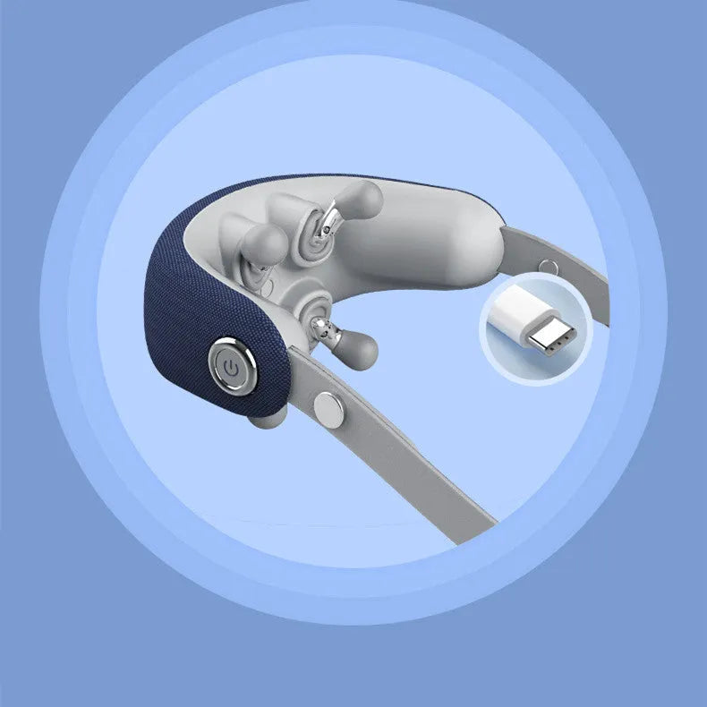 Rechargeable neck massager in dark blue with imitation hand grip and heat function on a home surface