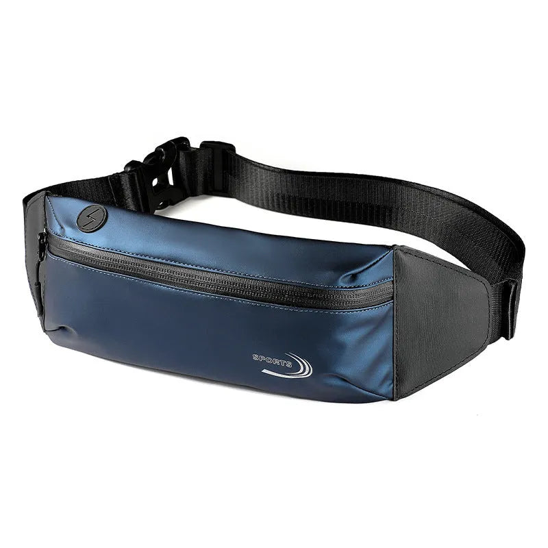 Men's blue waterproof sports waist bag with secure fastening, shown with dimensions