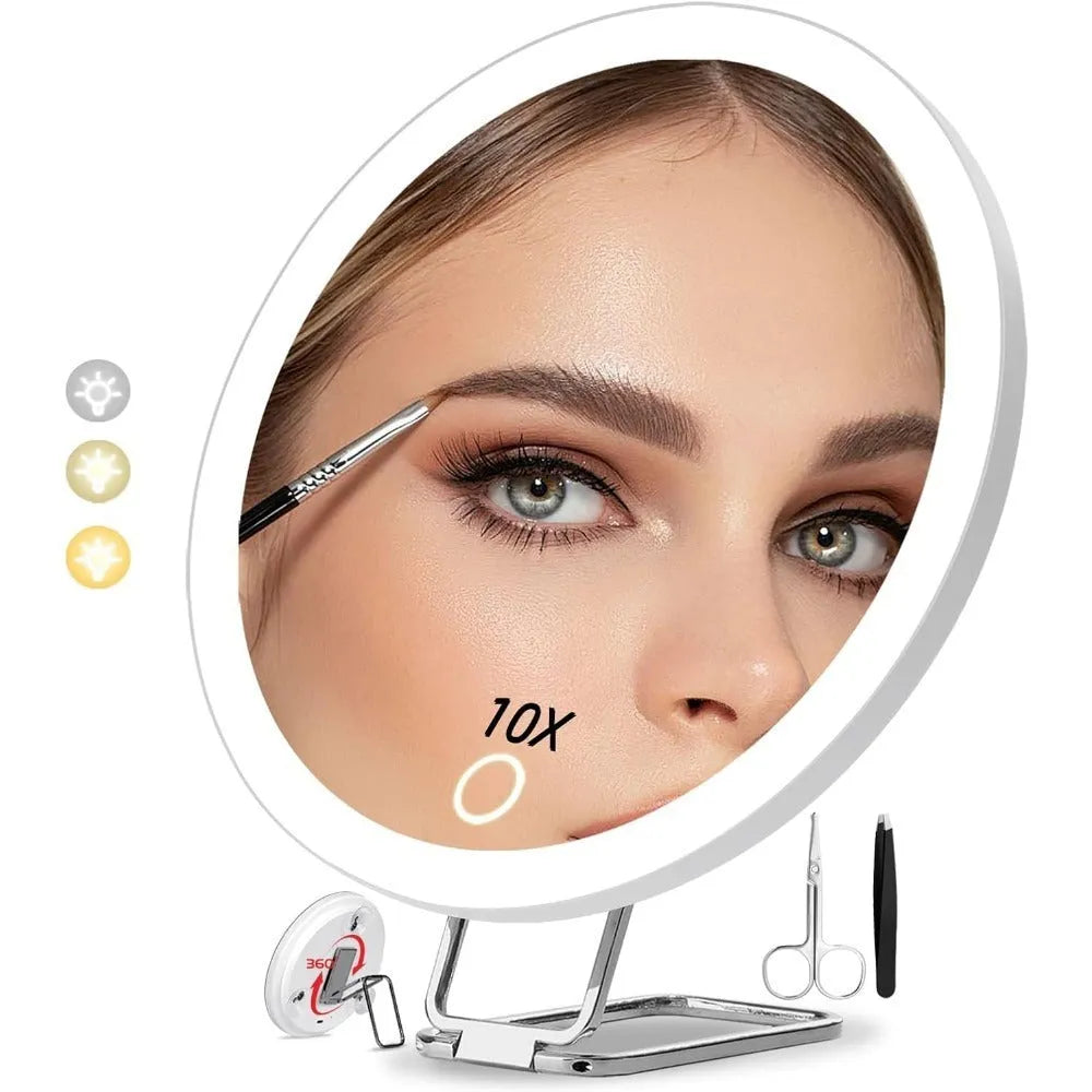 Charging LED fill light makeup mirror with rotating bracket, ABS frame, aluminium mirror lens, USB rechargeable, 15cm, white standing