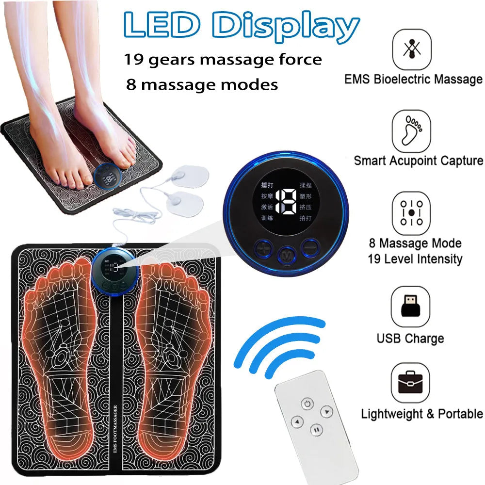 Rechargeable portable foot massage pad with infrared and EMS micro current, USB charging, push-button control