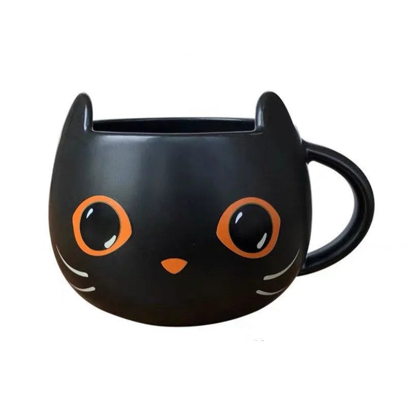 Black ceramic cat mug with pumpkin and spoon couple illustration, 355ml capacity