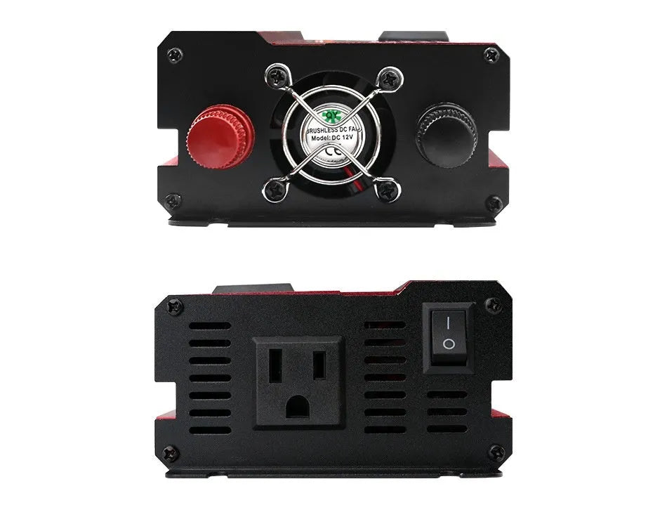 1200W car power inverter with LED display, US outlet, black casing, measuring 26cm x 10cm x 5.5cm