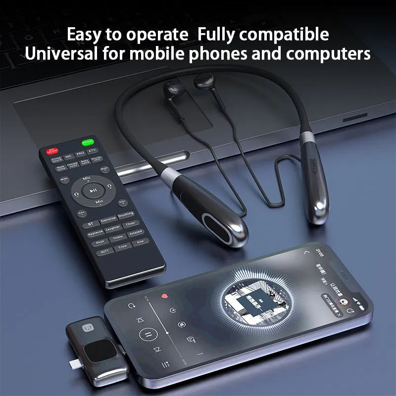 E8 wireless microphone headset sound card integrated unit in neck hanging halter style for mobile live streaming