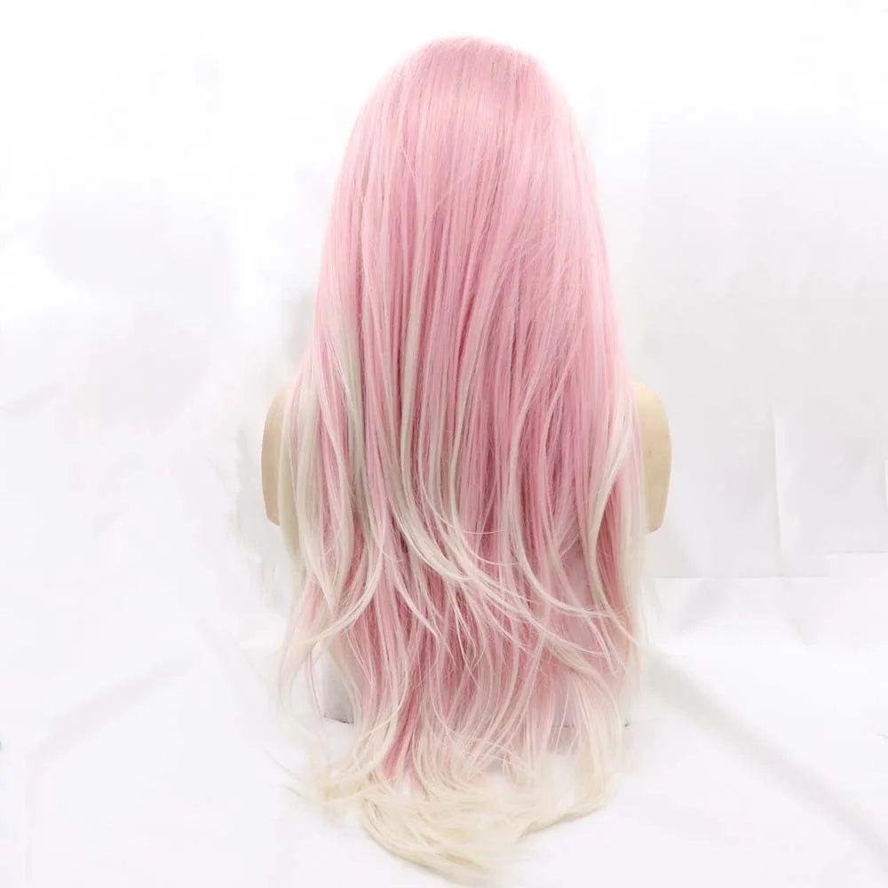 A pink gradient big wave fluffy synthetic wig on a stand, showing voluminous curls.