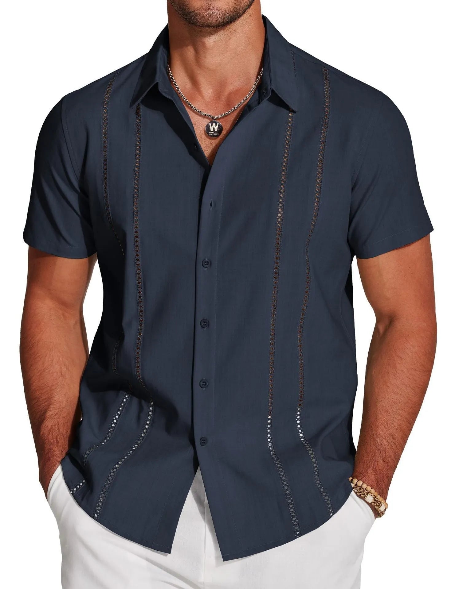 Man wearing a slim fit digital print Hawaiian short sleeve shirt in an elastic fabric