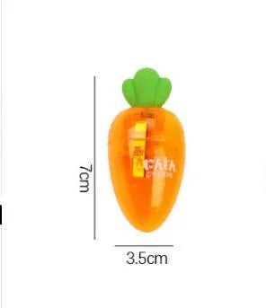 Carrot-shaped orange plastic pencil sharpener with green top, showing compact size next to pencil