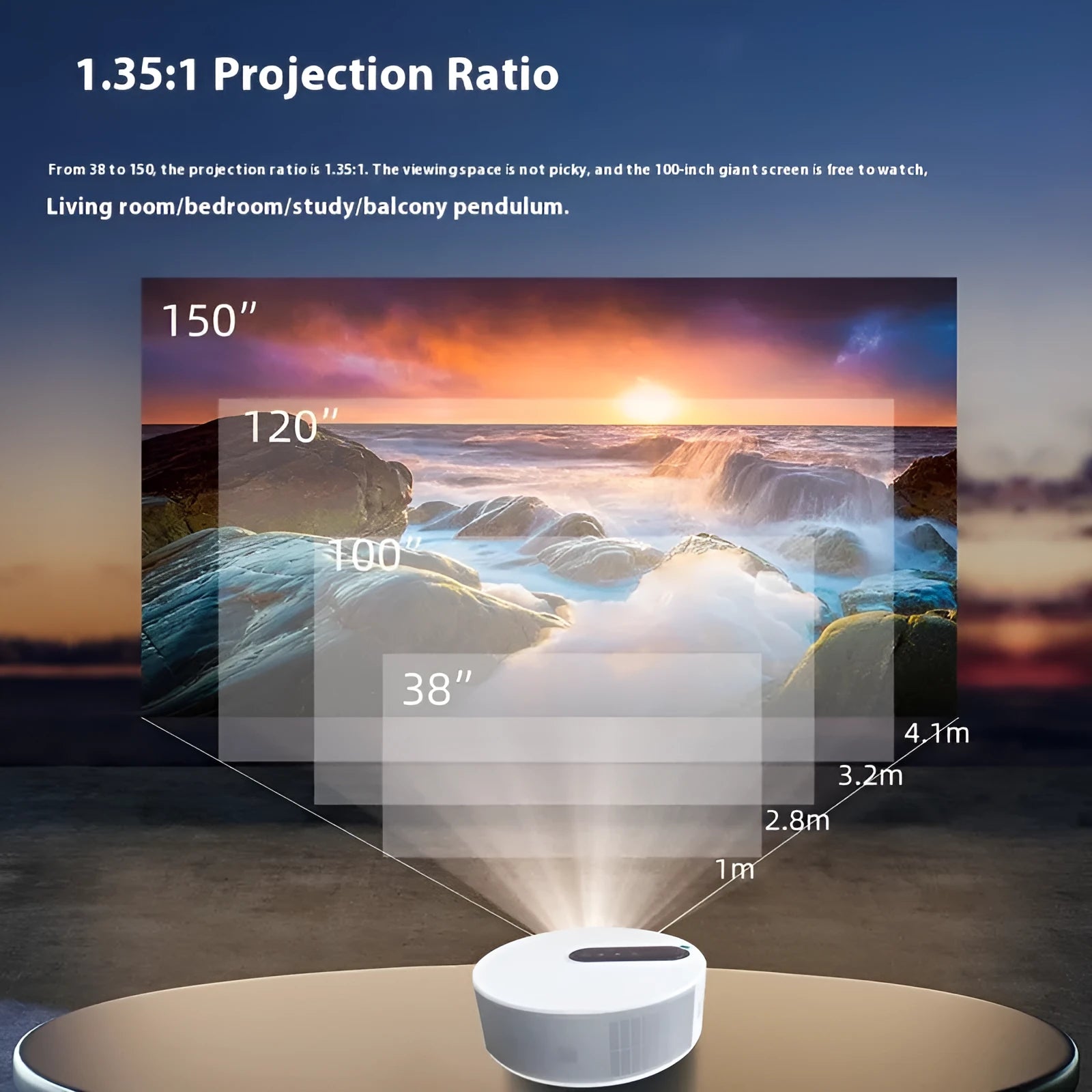 White HD projector with remote control for home cinema setup