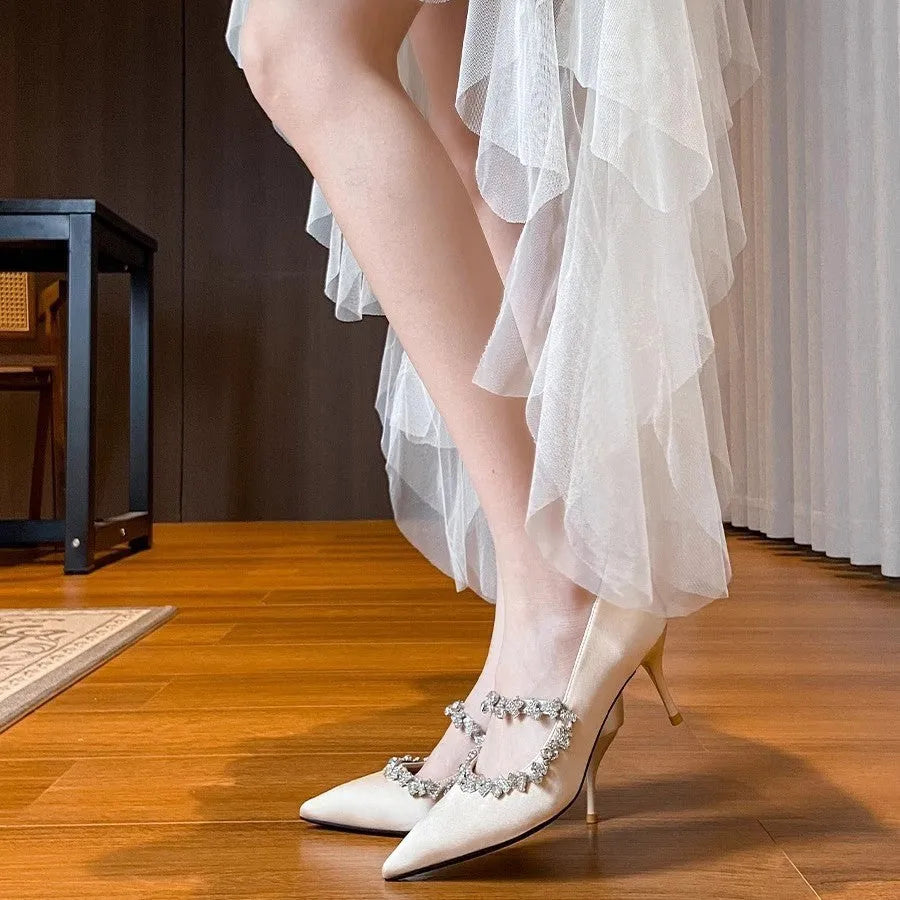 French wedding shoes apricot colour rhinestone pointed toe stiletto heels 6-8cm