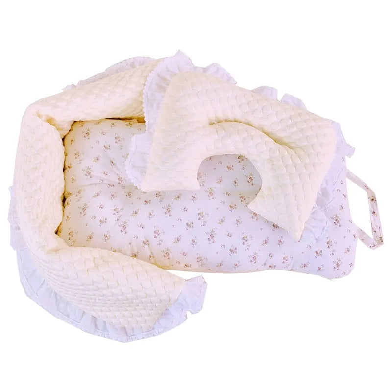 Cotton pet stroller set with anti-dirty towel, cushion, and pillow in a striped pattern.