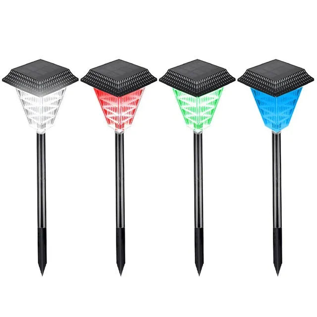 TS-S5103 solar garden light with 12 LED bulbs showing multiple colour options including white, green, red, and flame effects