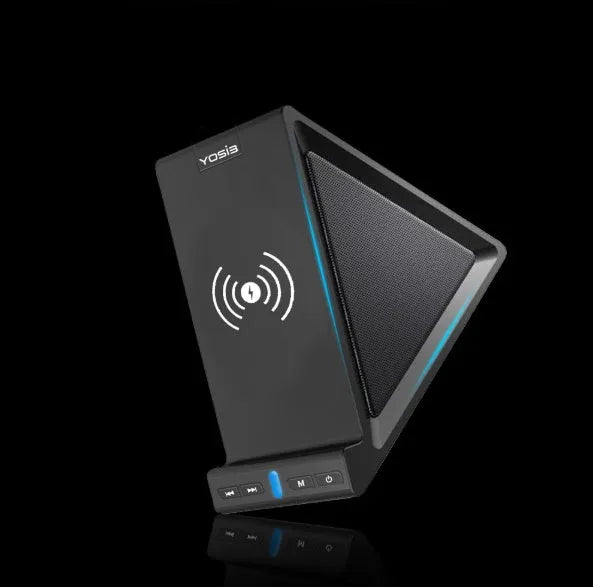 Black portable Bluetooth speaker with integrated mobile phone stand and wireless charging function.