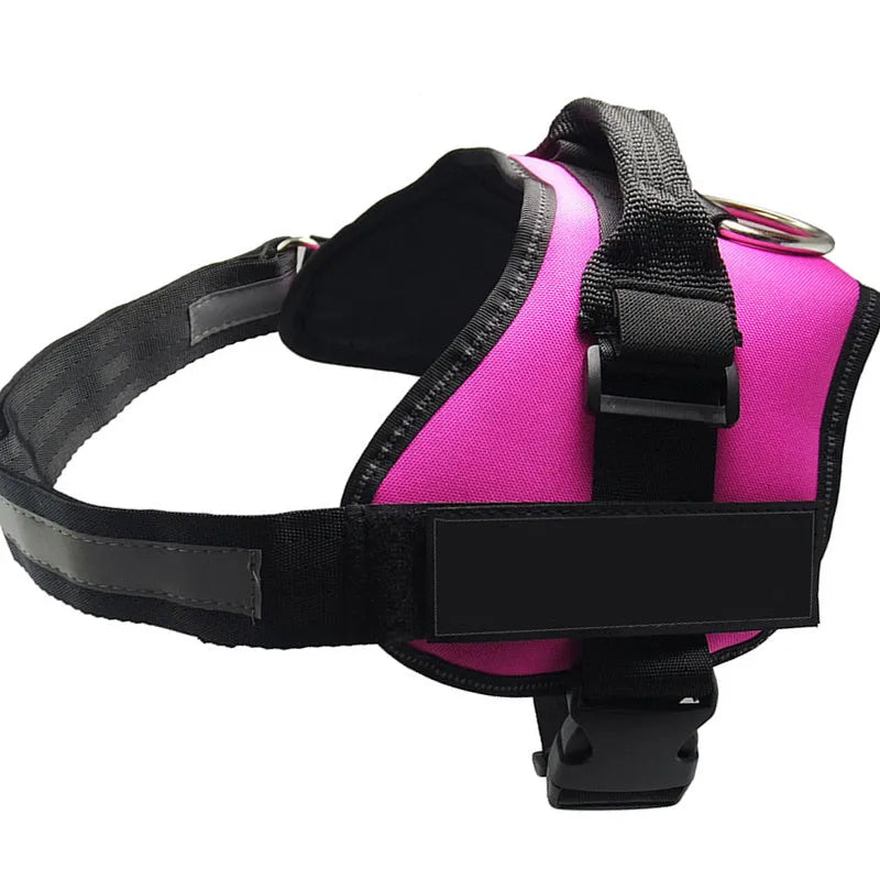 Personalised reflective breathable nylon dog harness in black with adjustable chest strap and handle