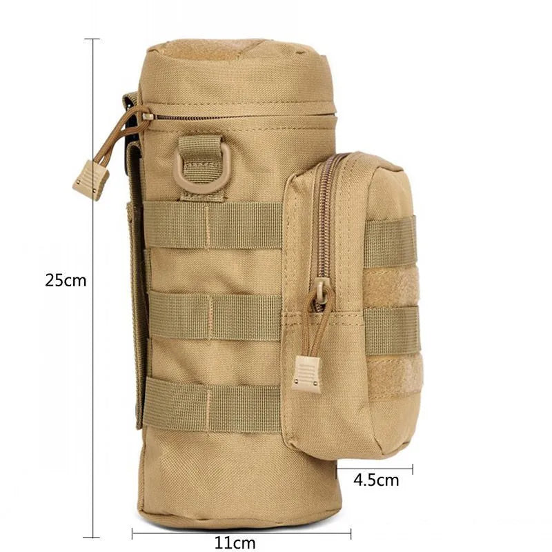Outdoors Molle water bottle pouch in army green attached to backpack with zippered main and side pouches
