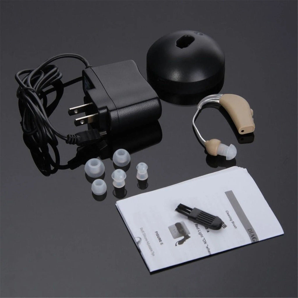 U-Kiss rechargeable behind-the-ear digital hearing aid amplifier on a white background.