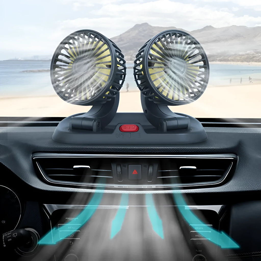 Creative Car Rotatable F410 Double Head Folding Fan in black with dual rotatable heads and folding design