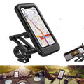 Black waterproof bicycle phone holder mount with magnetic suction on a handlebar, showing adjustable joints.