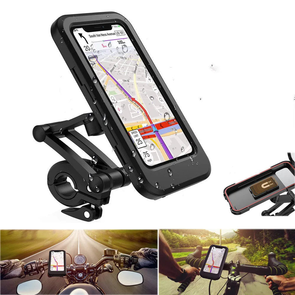 Black waterproof bicycle phone holder mount with magnetic suction on a handlebar, showing adjustable joints.