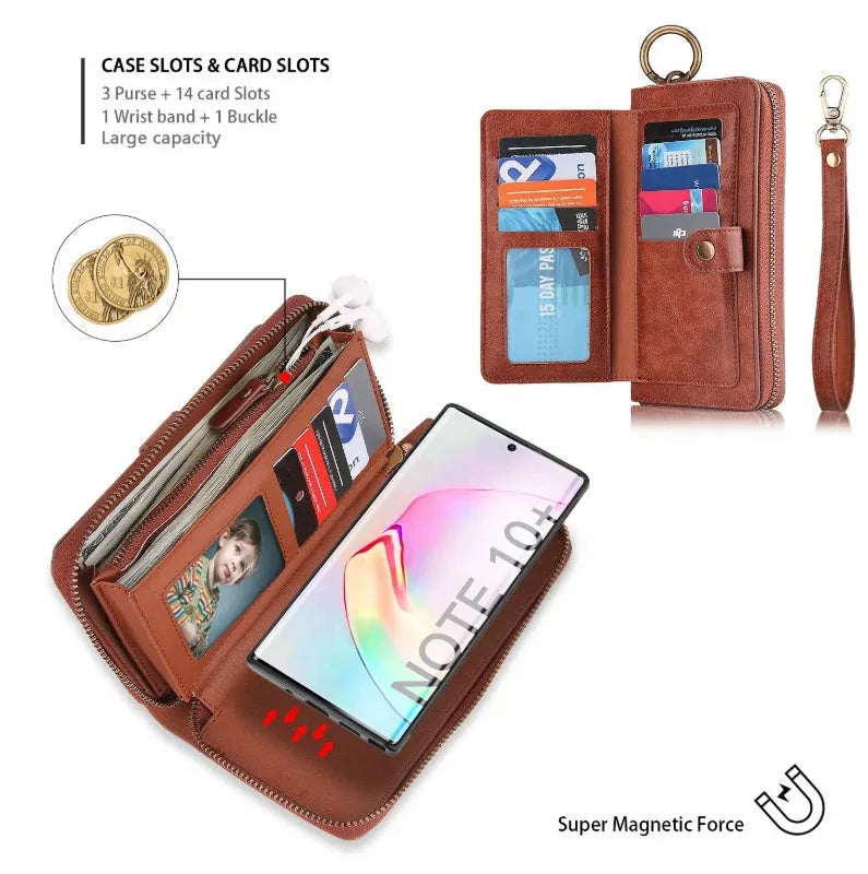 PU leather mobile phone wallet case with zip closure in black, brown, red, and pink colours