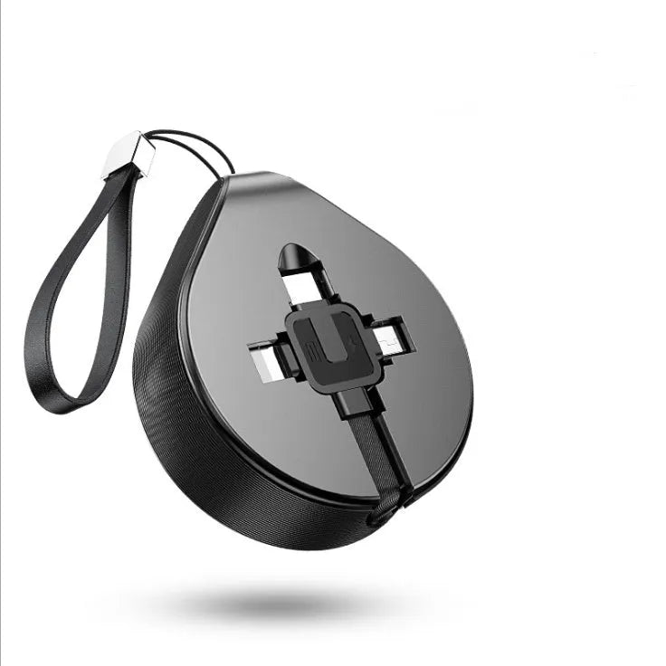Black telescopic three-in-one fast charging data cable extended to 1 metre, showing Micro-USB, Lightning, and Type-C connectors.