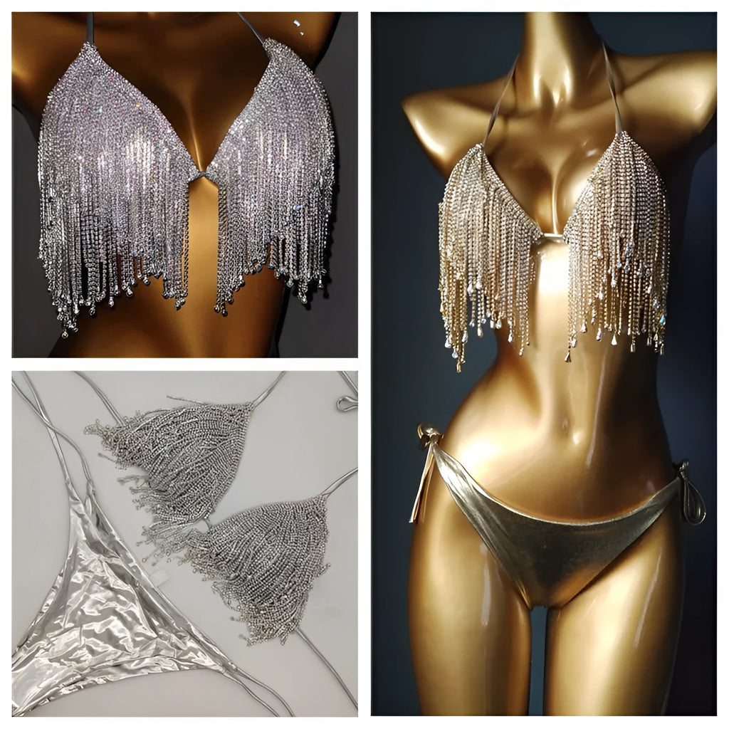 Gold diamond flowing swimsuit for women with nylon fabric and spandex lining