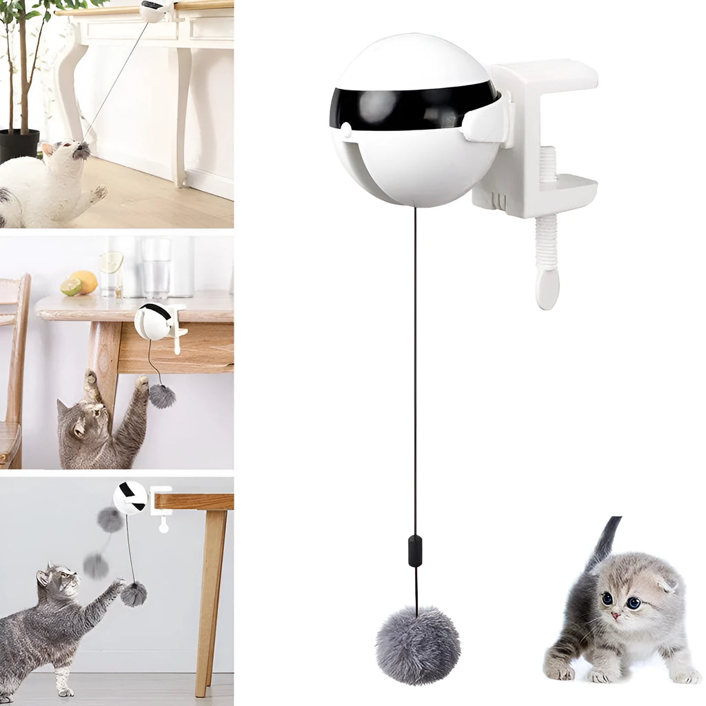 White ABS electric interactive automatic lifting cat ball toy, 7 x 3.5cm clip-on pet toy with replaceable hairball
