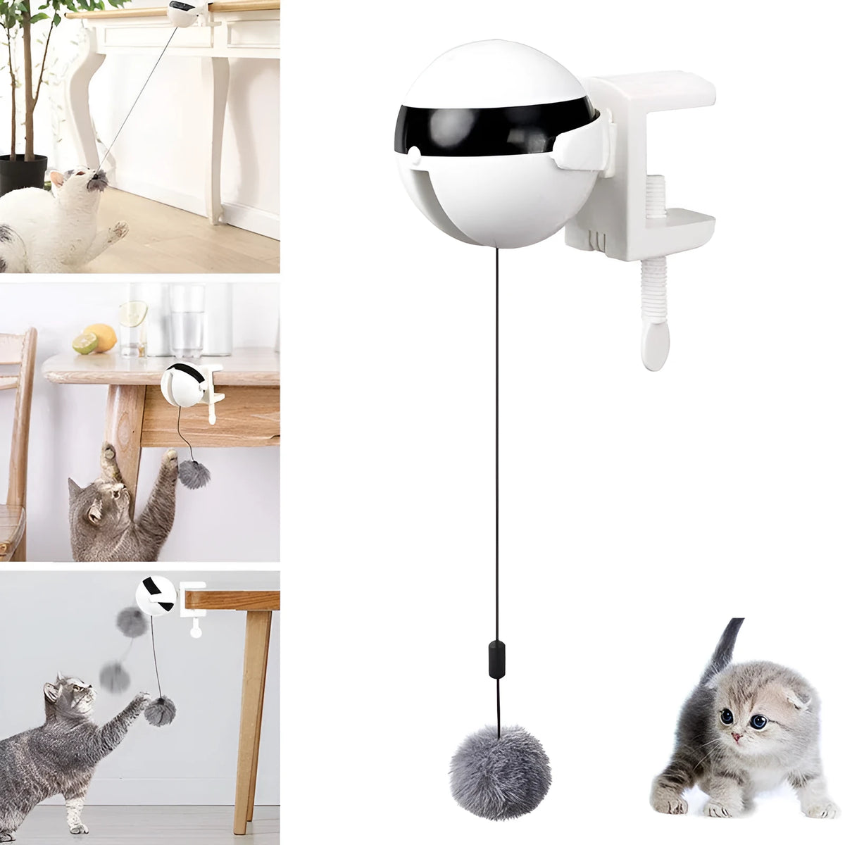 White ABS electric interactive automatic lifting cat ball toy, 7 x 3.5cm clip-on pet toy with replaceable hairball