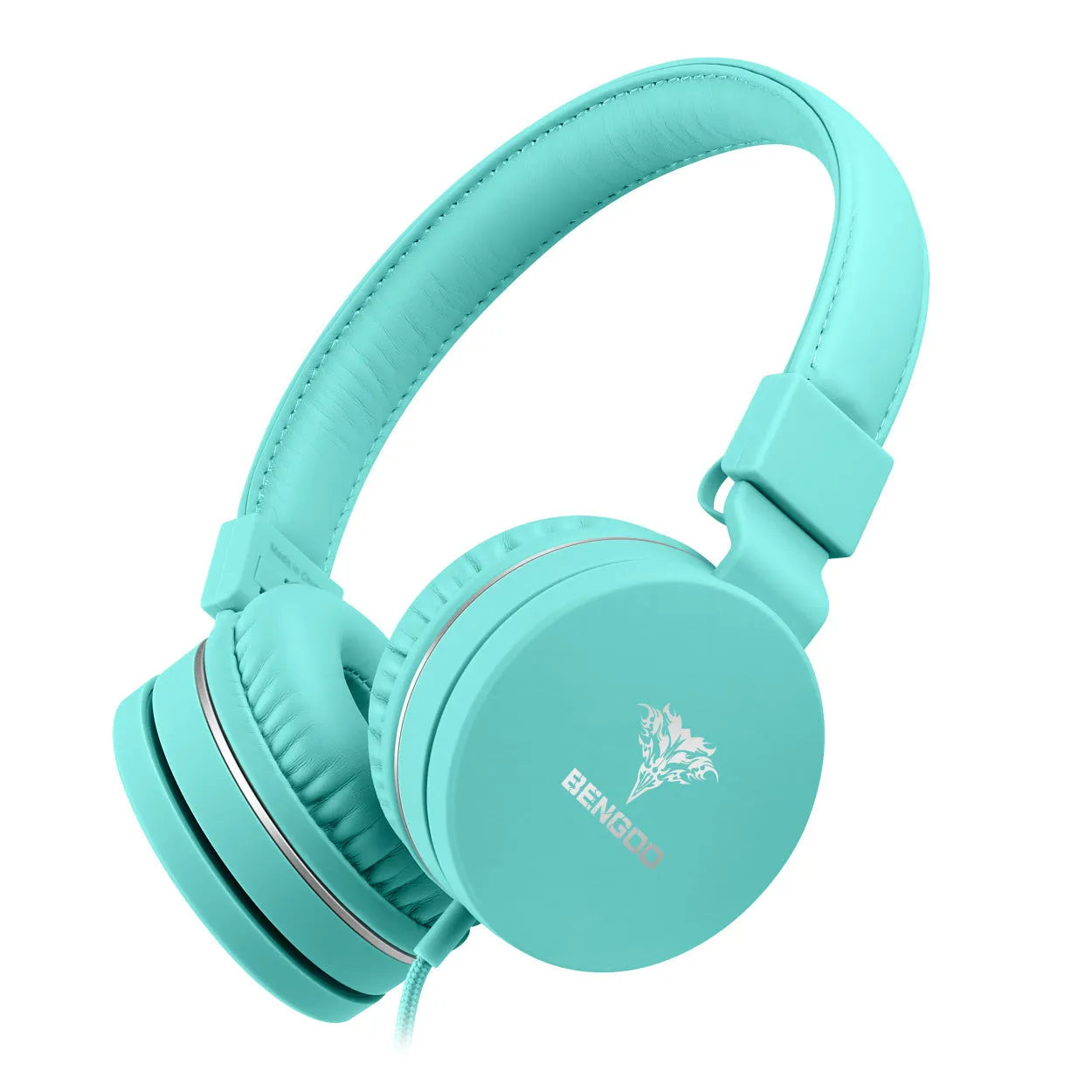 BENGOO C30 wired over-ear headphones with microphone in mint green, showing braided cable and 3.5mm plug.