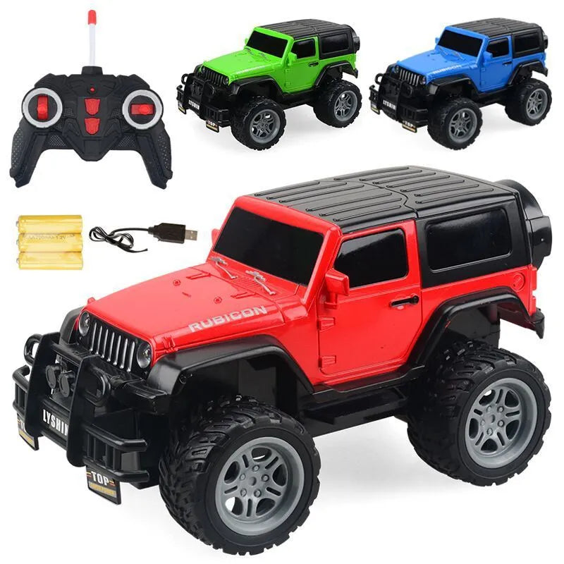 Children's four-way remote control car in green SUV style with flashing lights on a white background