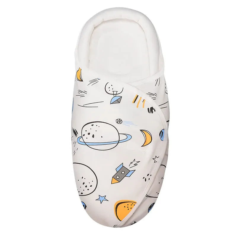 Pure cotton anti-startle baby swaddle in a 30x60 cm size showing one of eight print designs like Dinosaur or Starry Sky.