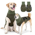 Army green polyester dog anti-anxiety jacket wrapped around a dog for calming pressure.