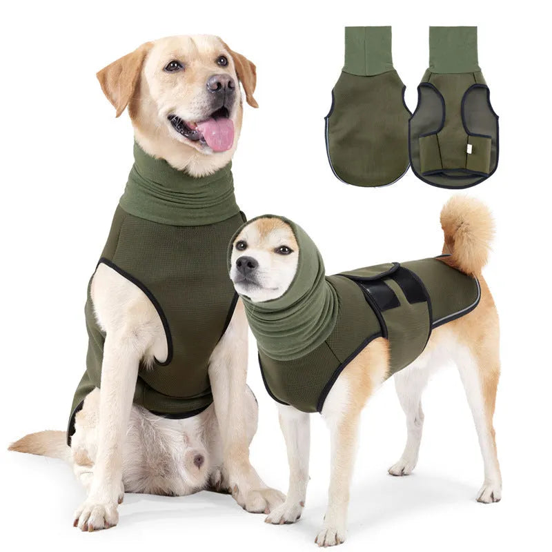 Army green polyester dog anti-anxiety jacket wrapped around a dog for calming pressure.