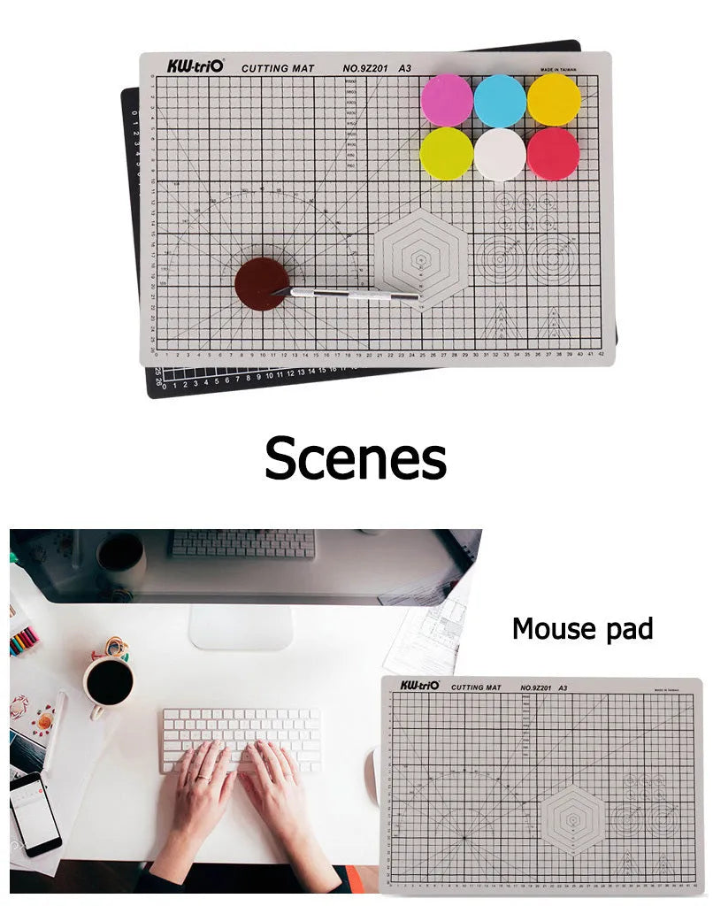 A3 self-healing cutting mat with centimetre measurement grid in green, black or grey