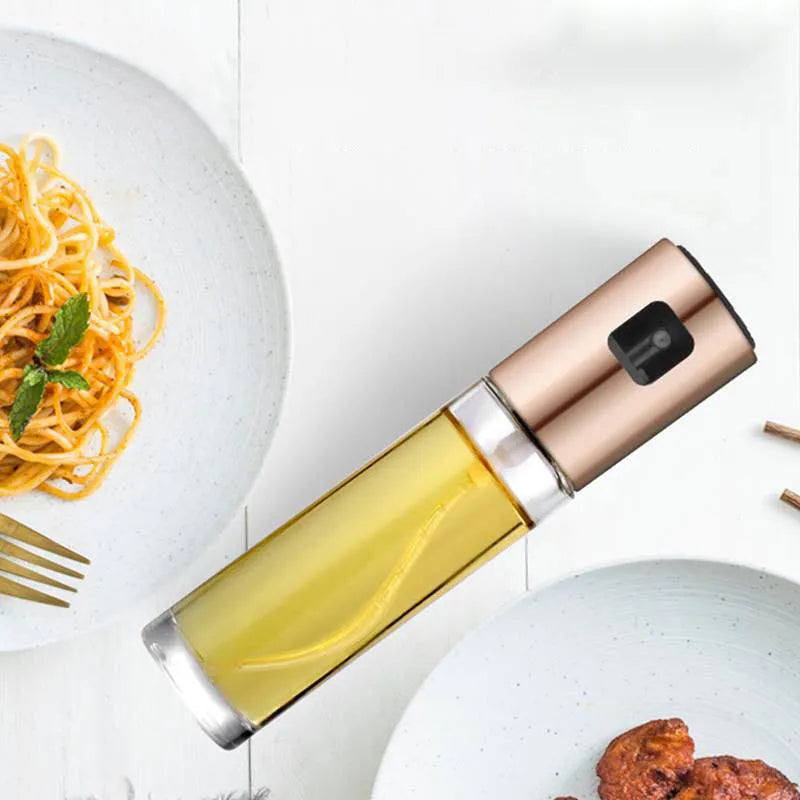 ABS and glass oil spray bottle with pump mechanism in gold, rose gold or silver colour