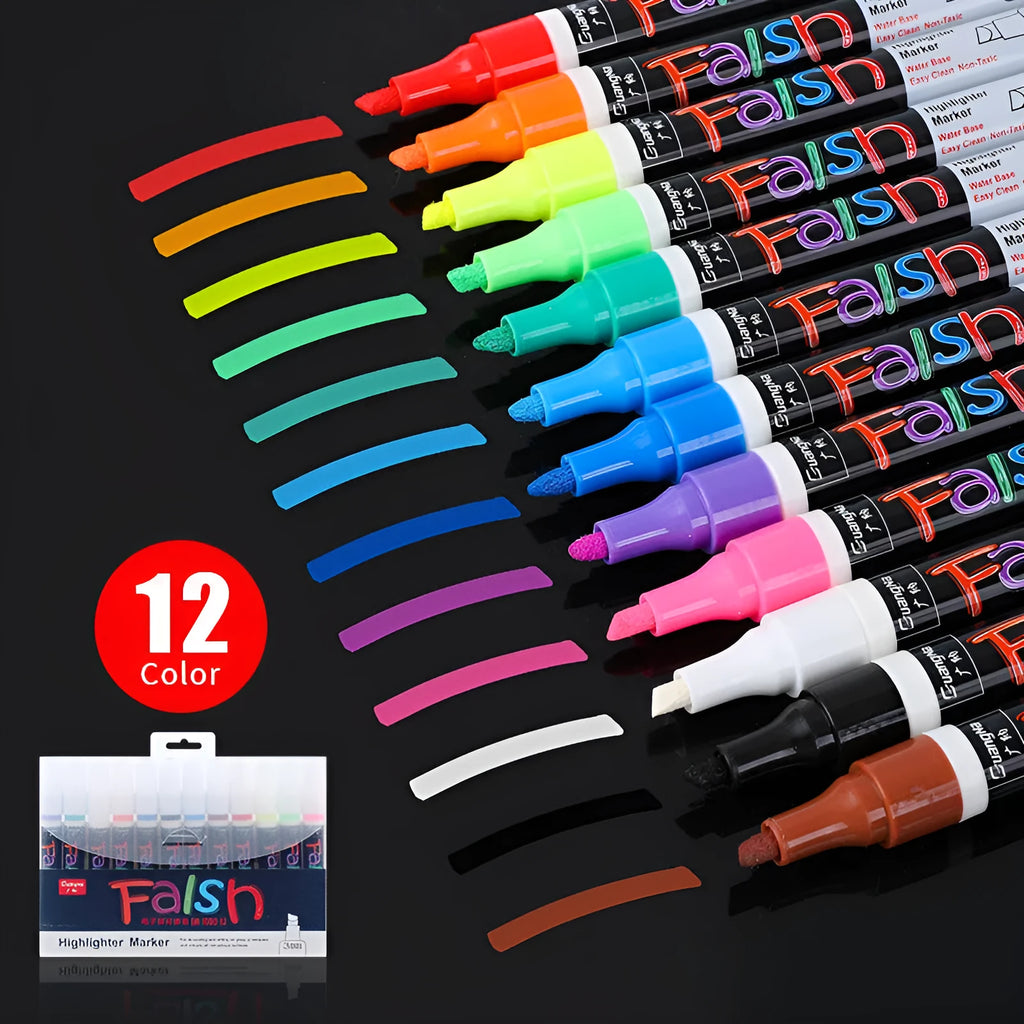 6mm electronic fluorescent board highlighter with oblique pen shape and plastic body, shown in an 8-colour or 12-colour set.