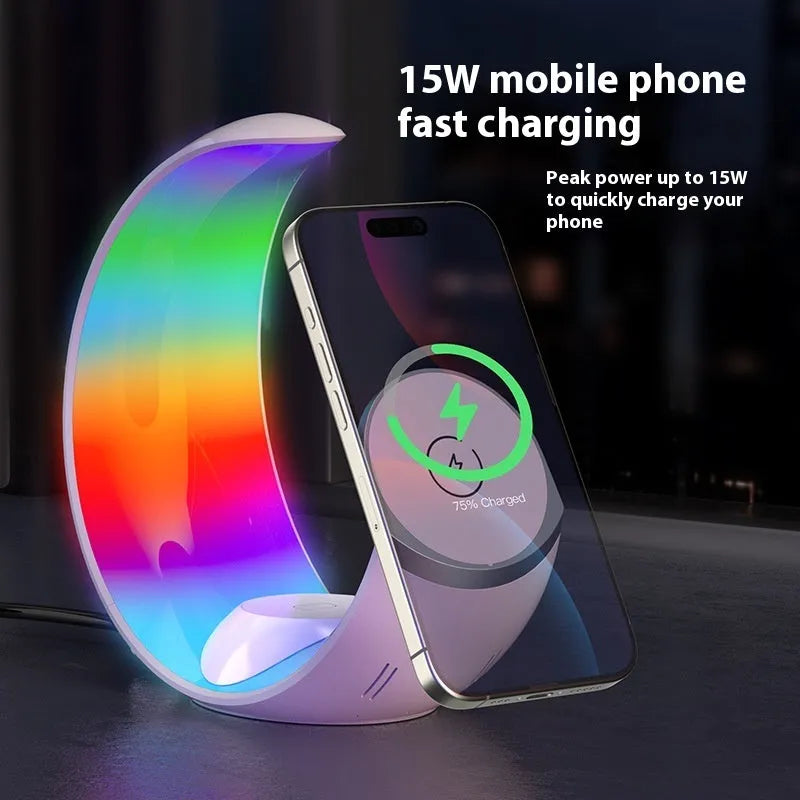 White wireless ambience light 4-in-1 charger with night lamp function and Type-C charging cable