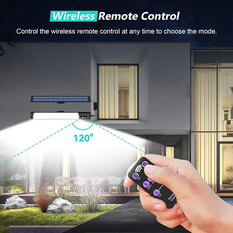 Solar outdoor light with remote control, 1500mAh battery, abstract shape, life waterproof for garden and patio.
