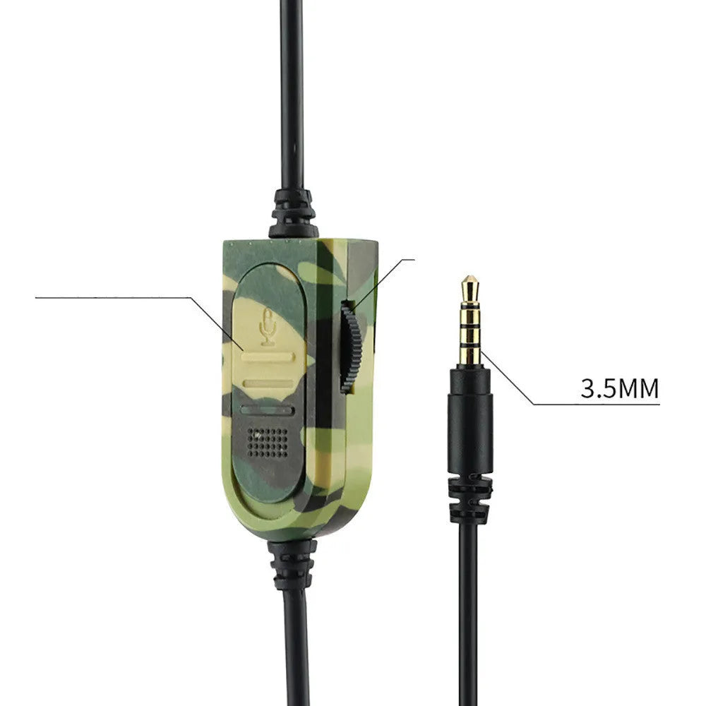 Army green camouflage wired gaming headset with over-ear design and 3.5mm straight plug