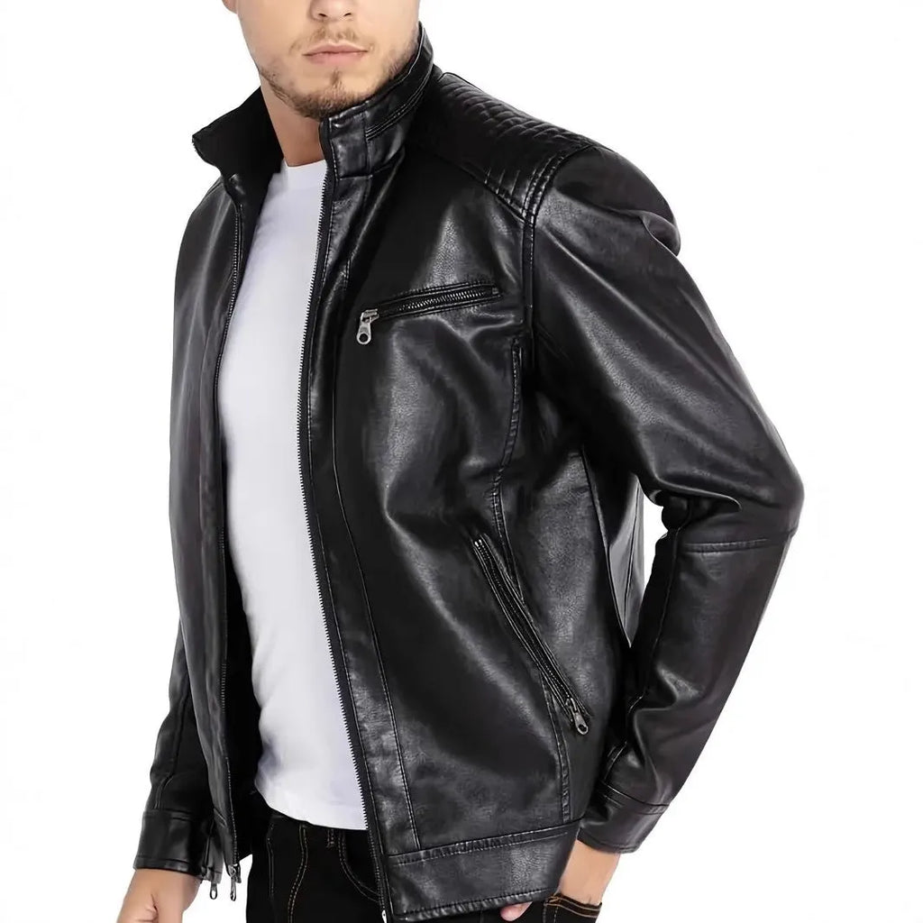 Men's brown punk style artificial leather motorcycle jacket with stand collar.