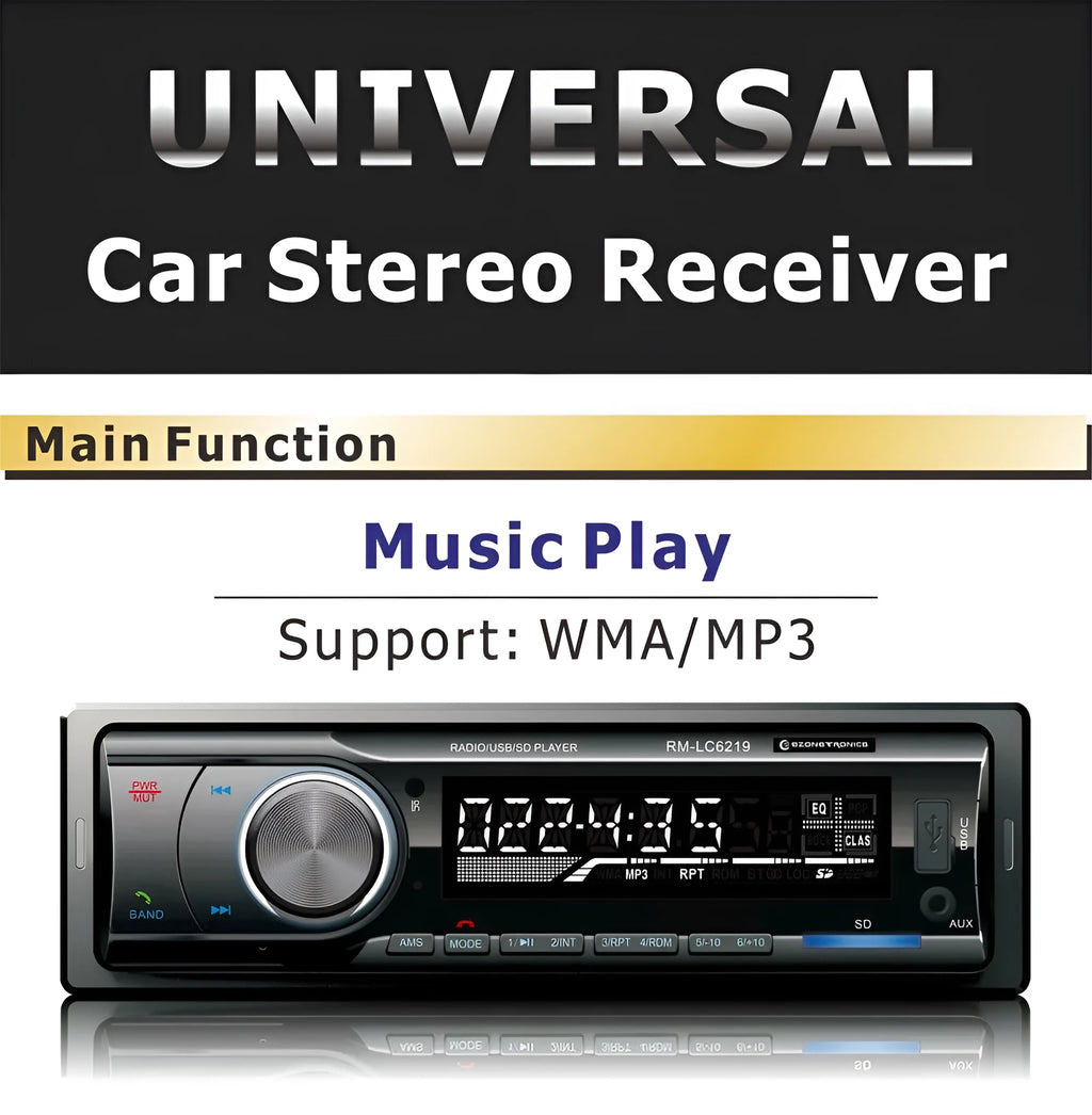 Black car stereo receiver with Bluetooth, USB, SD card slots, auxiliary input, and display screen