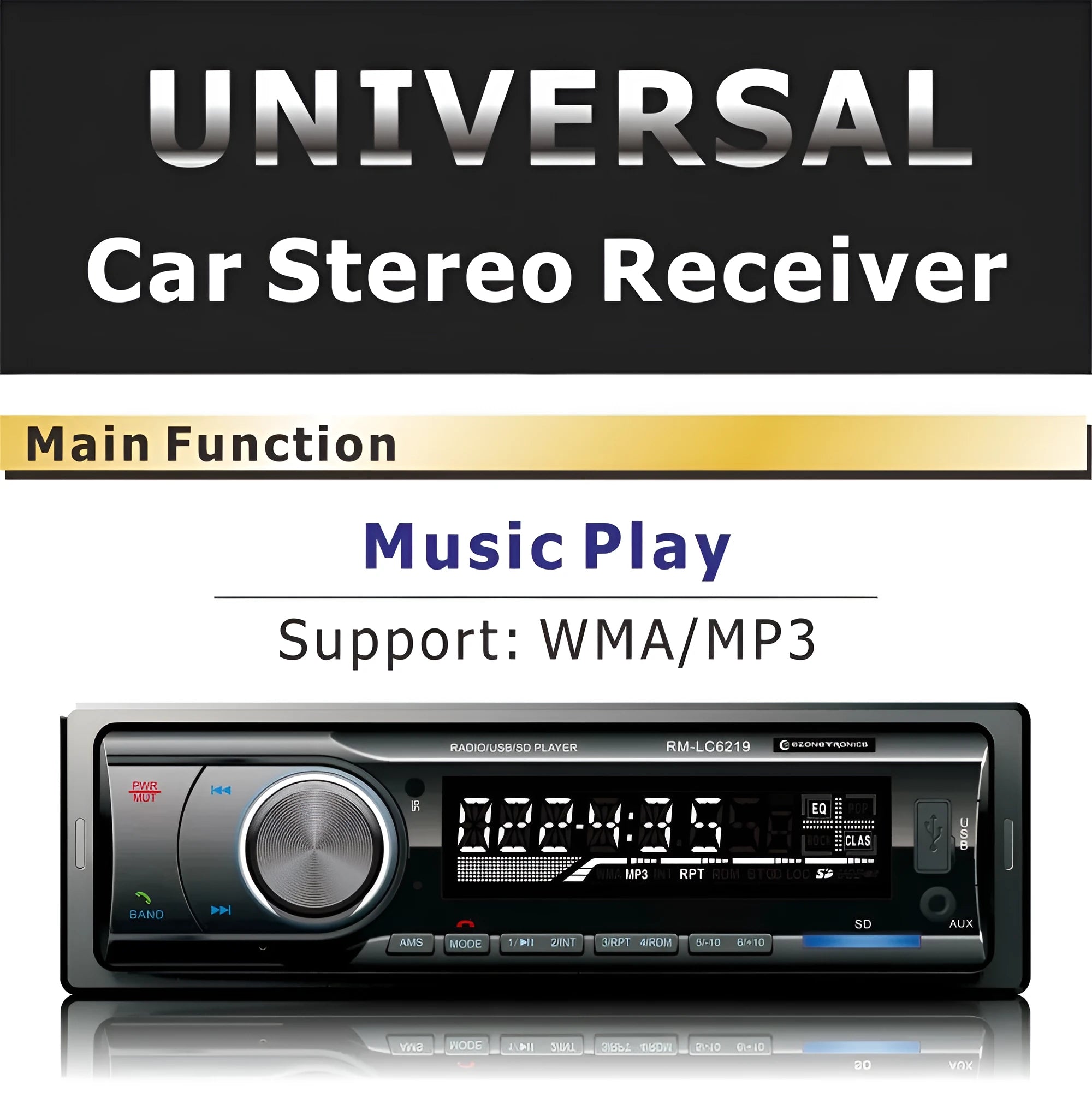 Black car stereo receiver with Bluetooth, USB, SD card slots, auxiliary input, and display screen