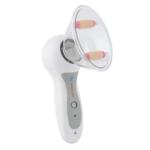 White portable body massage vacuum cans device with two different massaging rollers and AC adapter